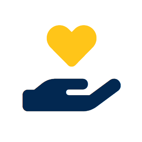 An icon of a blue hand holding a gold heart.