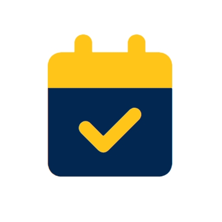 Icon of a blue calendar with a gold checkmark.