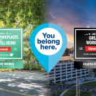 Composite banner — announcing UC Davis and UC Davis Health as Newsweek Best Employer and Best Employer for Mental Well-being. For left: cyclist photograph; center: circular logo; right: city skyline at dusk