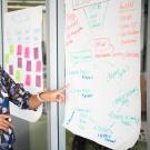 Person pointing at a whiteboard.